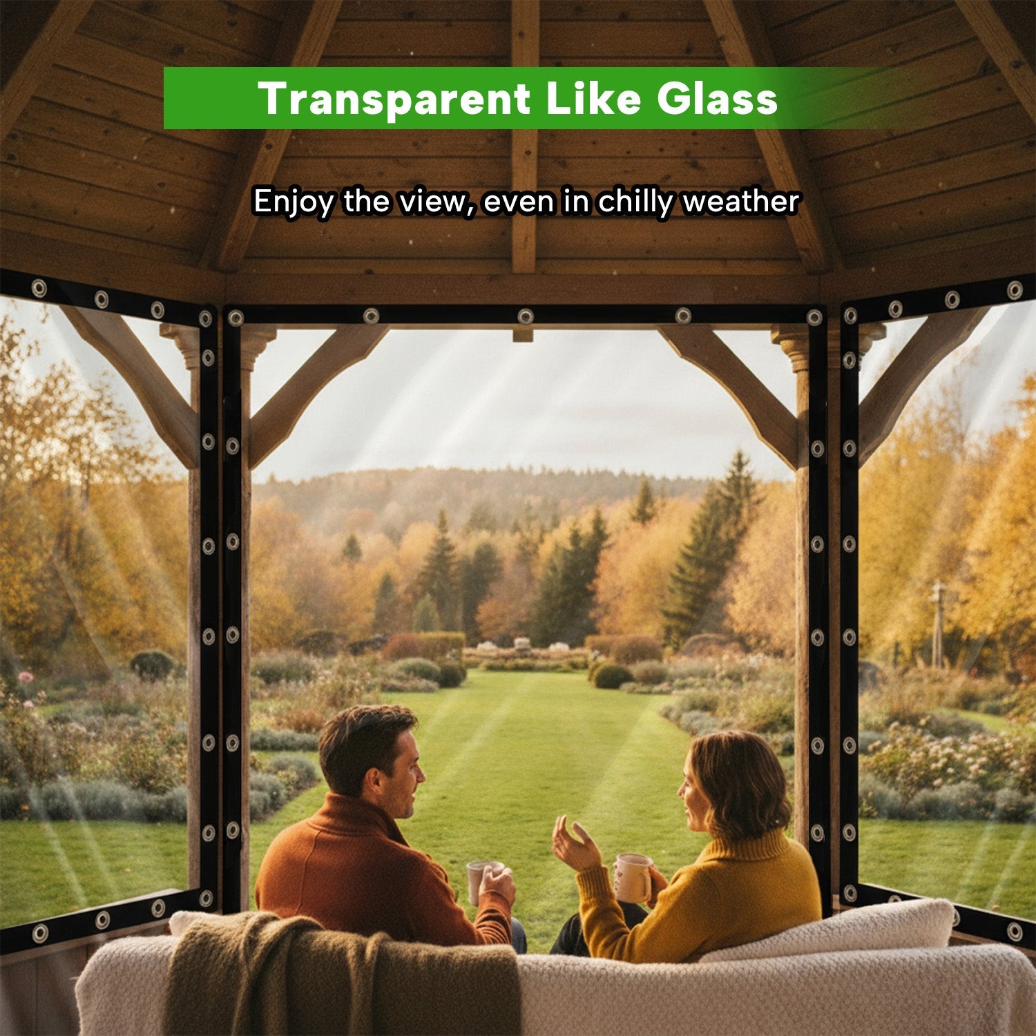 Transparent PVC Terrace Screen 0.35mm Thick Waterproof Windproof with Eyelets | Cover for Canopy Gazebo Veranda | Sansoti