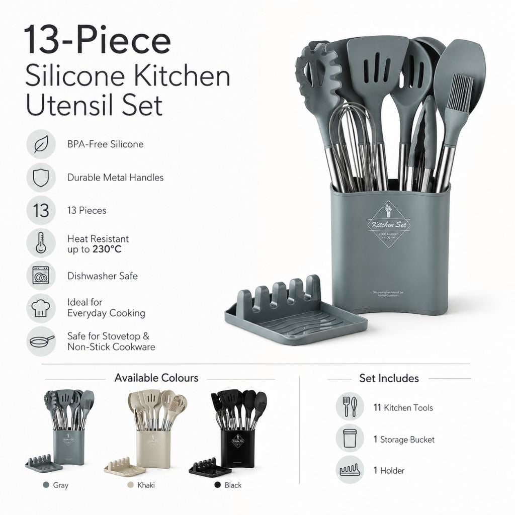13-Piece Silicone Kitchen Utensil Set with Storage Holder, Heat-Resistant, BPA-Free, Non-Stick and Batter-Resistant | Sansoti