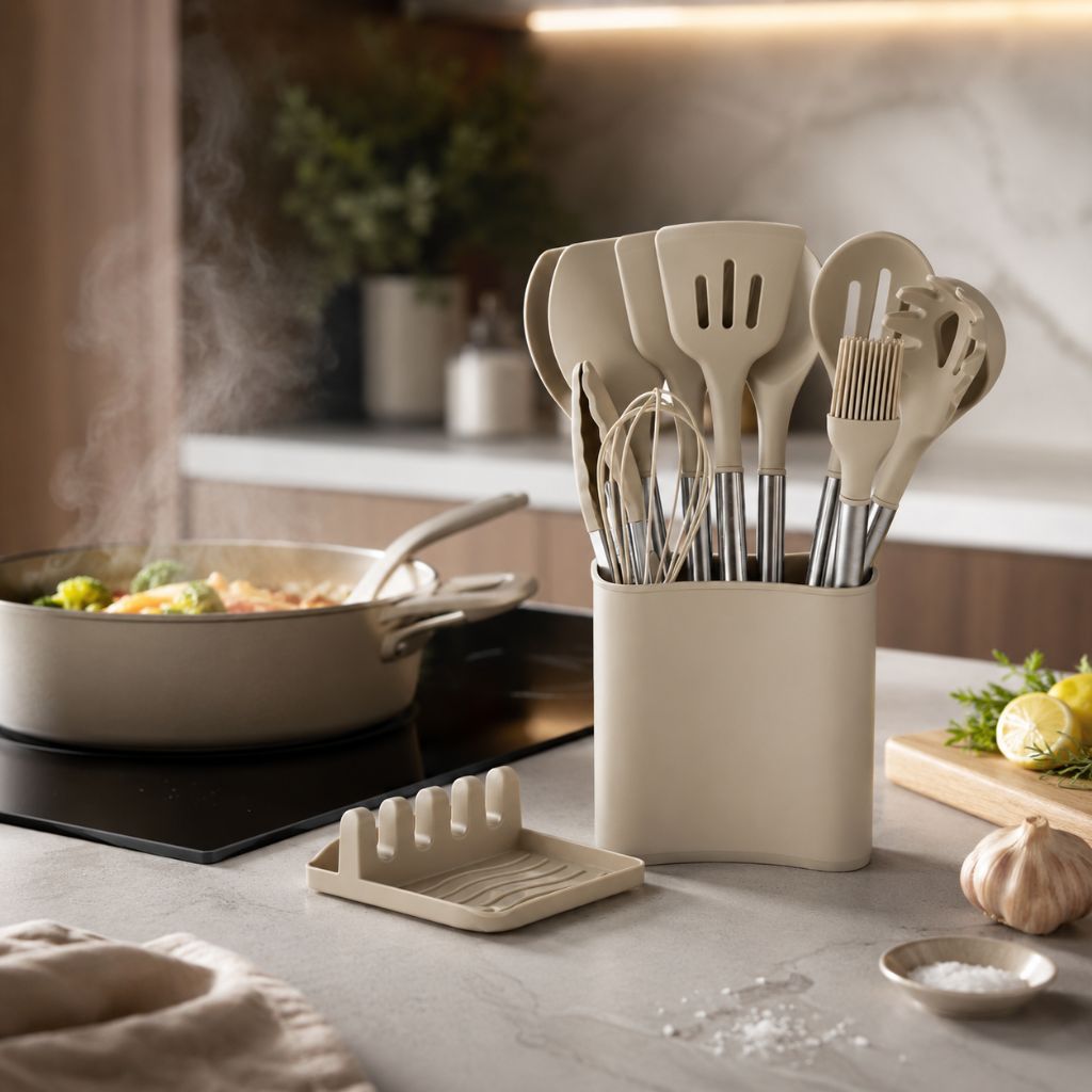 13-Piece Silicone Kitchen Utensil Set with Storage Holder, Heat-Resistant, BPA-Free, Non-Stick and Batter-Resistant | Sansoti