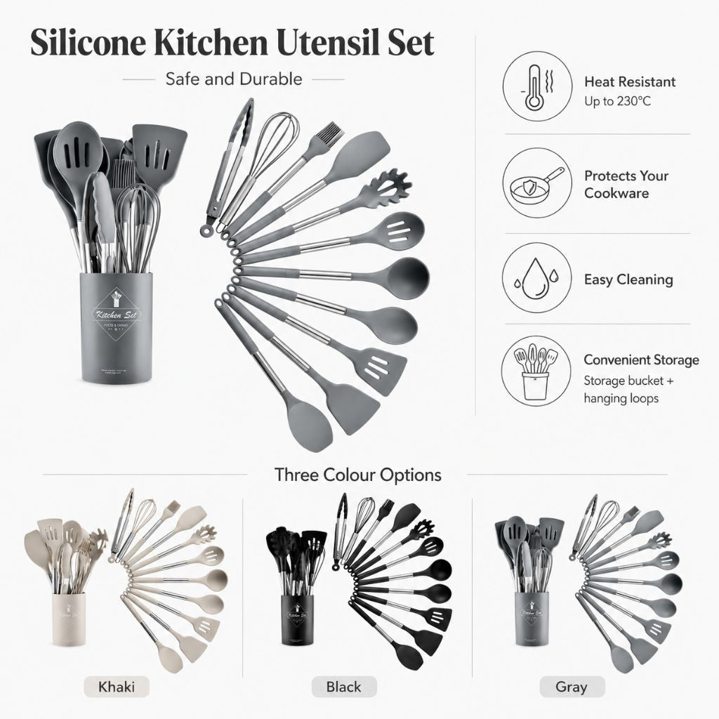 13-Piece Silicone Kitchen Utensil Set with Storage Holder, Heat-Resistant, BPA-Free, Non-Stick and Batter-Resistant | Sansoti