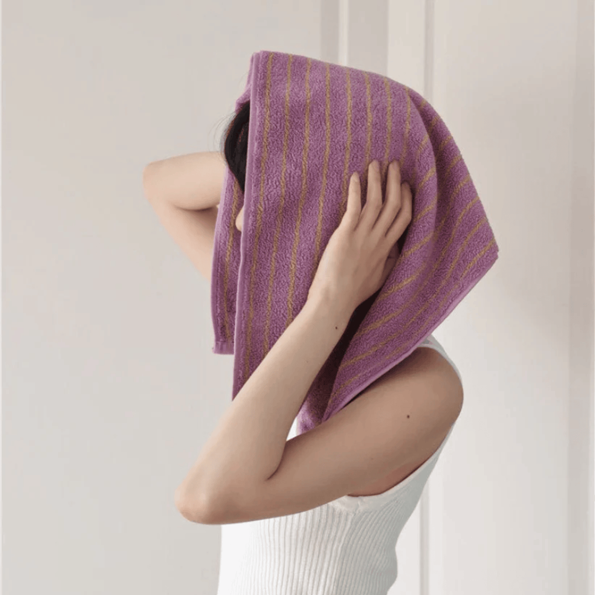 Serviette en coton rayée lavande, 100 % coton peigné, pour salle de bains, visage et bain, jacquard, douce et absorbante | Sansoti