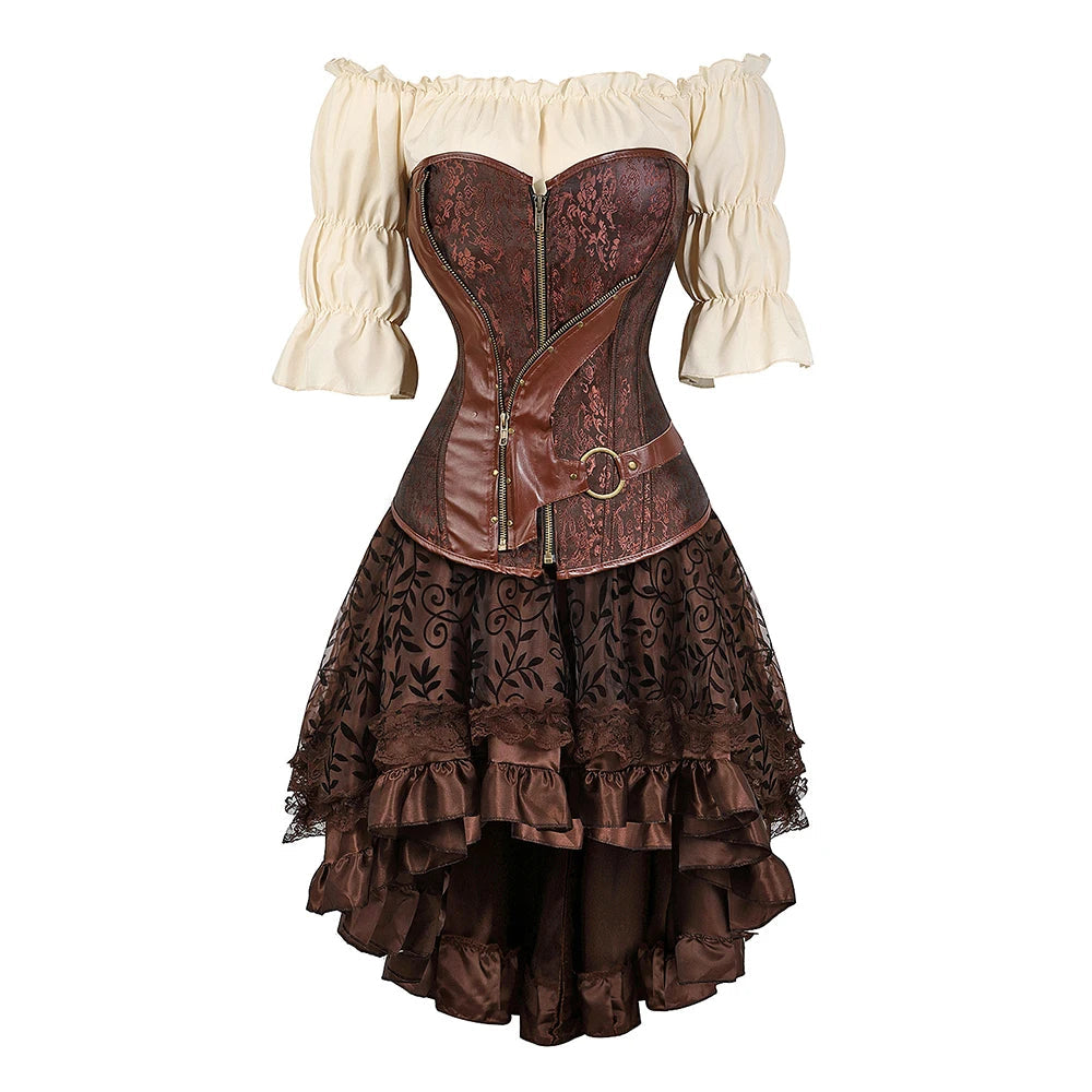 Pirate Corset Costume Set Faux Leather Off-Shoulder Blouse Layered Skirt Steampunk Gothic Halloween Costume | Sansoti