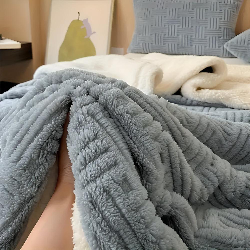 Sherpa Throw Double-Layer Woven Pattern Polyester Soft Warm Beige Gray Pink Green Blue 100-230cm | Sansoti