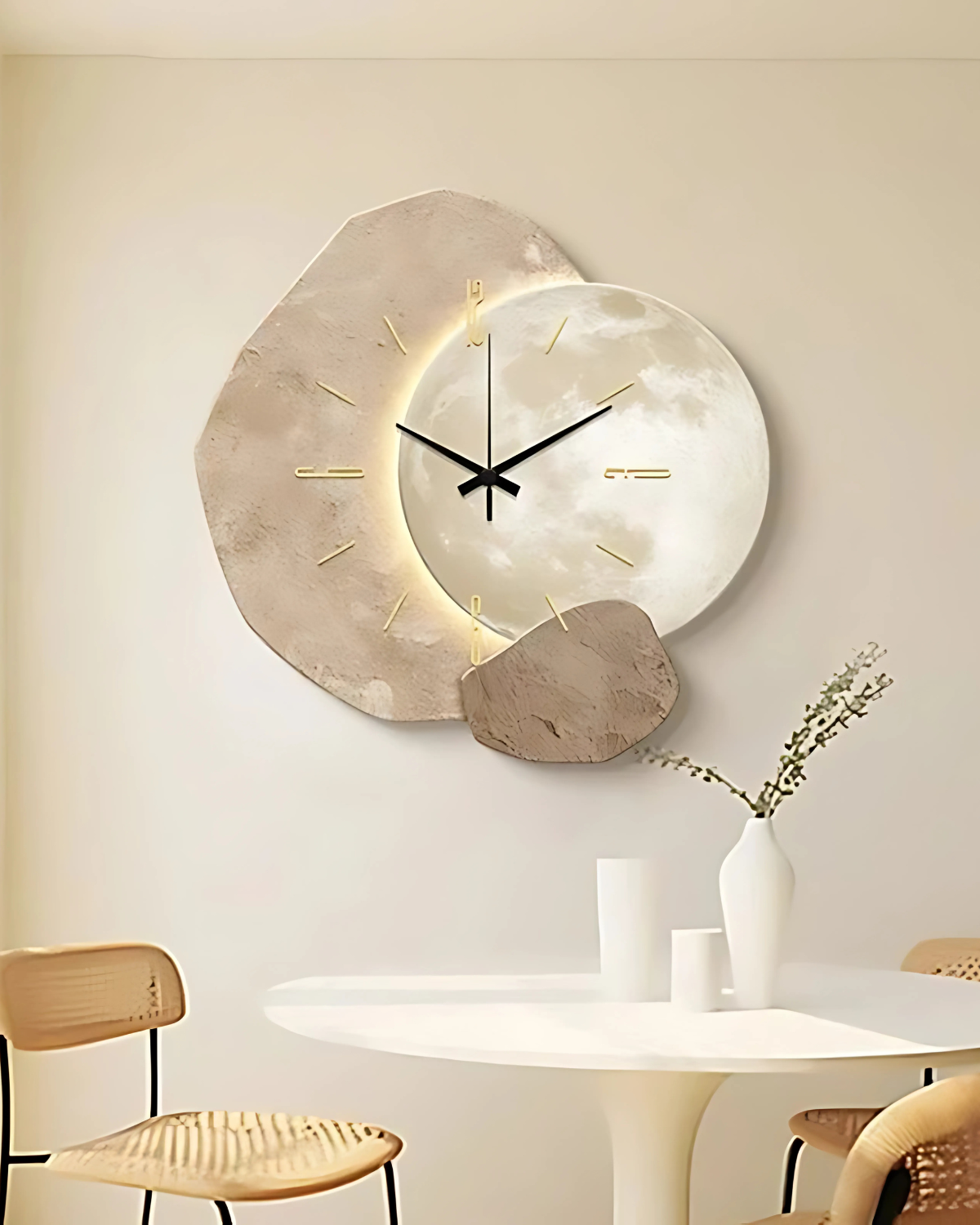 Wandklok met Maanreliëf en Optionele Verlichting Zwart Goud Betonlook Scandinavisch Interieur Decoratief Tijdweergave Woonkamer Slaapkamer Kantoor Modern Minimalistisch Wanddecoratie | Sansoti