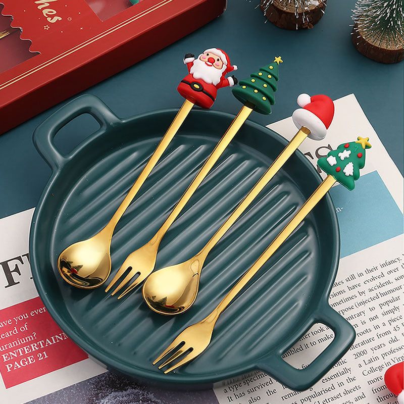 Set de couverts festifs de Noël, cuillère et fourchette en acier inoxydable, or et argent, vaisselle décorative pour table de réveillon | Sansoti
