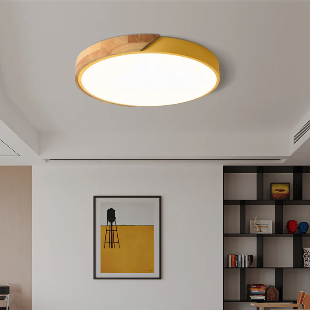 Holz-Deckenlampe LED skandinavisches Design warmweißes Licht rund Acryl Naturholz Deckenbeleuchtung Wohnzimmer | Sansoti