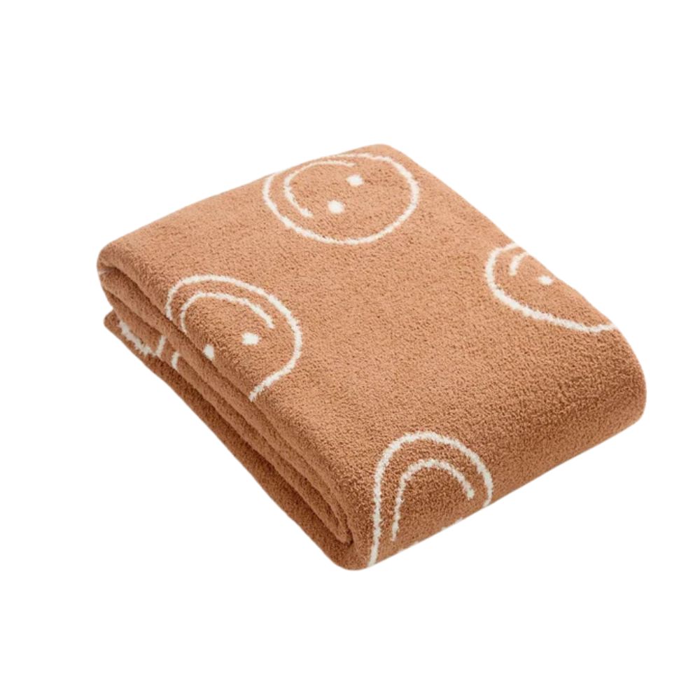 Plaid mit Smiley-Muster, weiche gestrickte Mikrofaserdecke als Überwurf für Bett, Sofa oder Sessel, Wohnzimmereinrichtung und Wärme | Sansoti