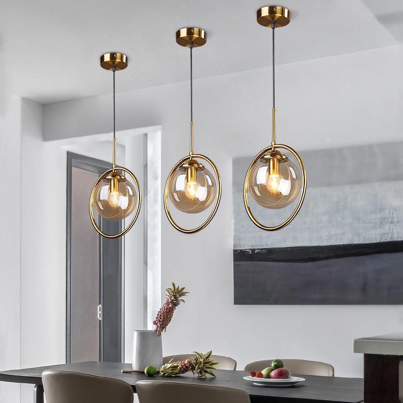 Suspension en verre avec anneau métallique E27 à intensité variable, plafonnier pour salon, salle à manger et chambre, moderne | Sansoti