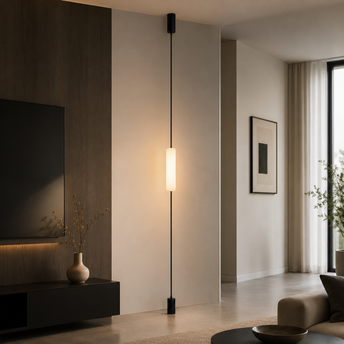 Vertikale LED-Stehleuchte vom Boden bis zur Decke mit architektonischem Lichtdesign, modernes Interieur, stimmungsvolles warmweißes Licht | Sansoti