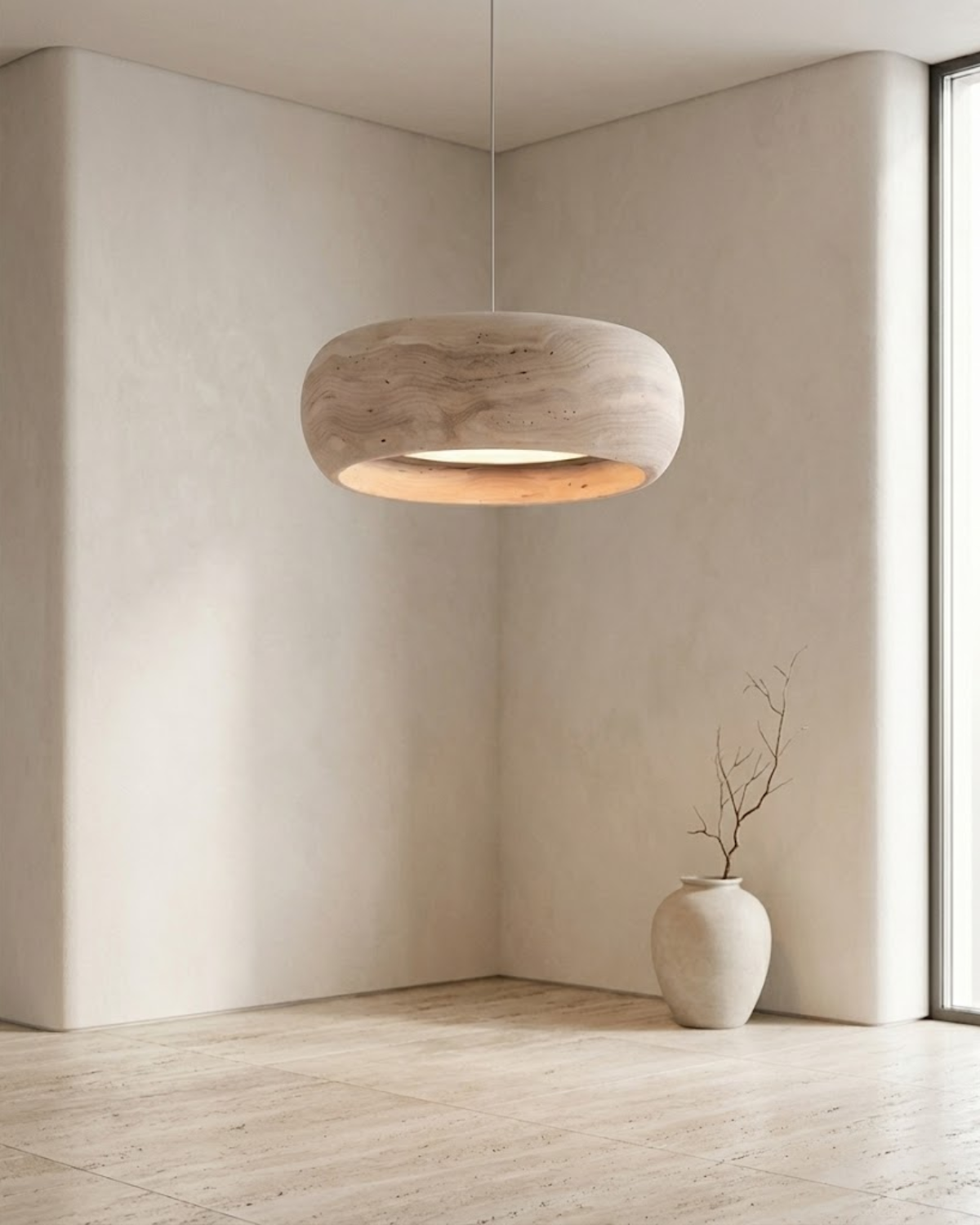 Vintage Hanglamp Crème Steentextuur Wabi Sabi Design | Scandinavische Eetkamer Verlichting Natuurlijke Sfeer Minimalistisch Interieur | Sansoti