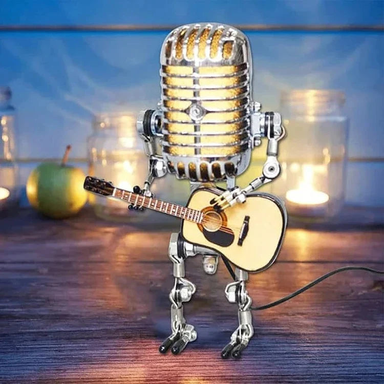 Metalowa lampa-robot z mikrofonem i gitarą, vintage, lampa stołowa, czarna, biała, czerwona, żółta, regulowana, designerska dla muzyków | Sansoti