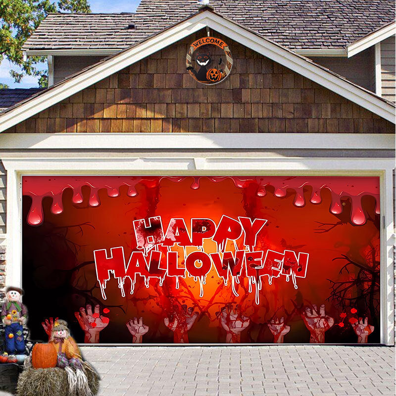 Halloween Garagedeur Decoratie Spookachtige Bedrukking Schaduwdoek Herbruikbaar Horror Sfeer Doek Waterdicht Buiten Feestversiering | Sansoti