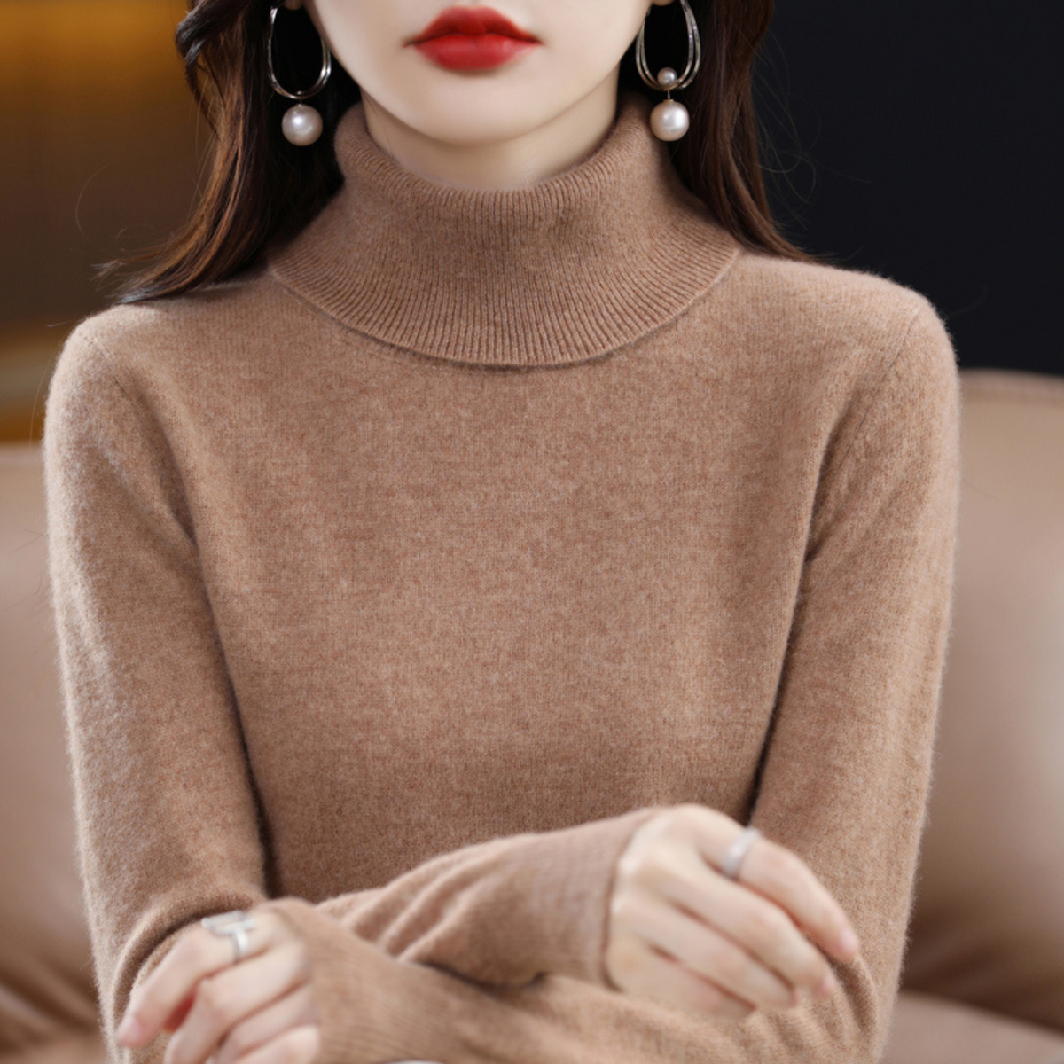 Jersey de cachemira de punto con cuello alto para mujer Negro Blanco Gris Rosa Lila Rojo Azul Marrón Básico elegante de otoño e invierno | Sansoti