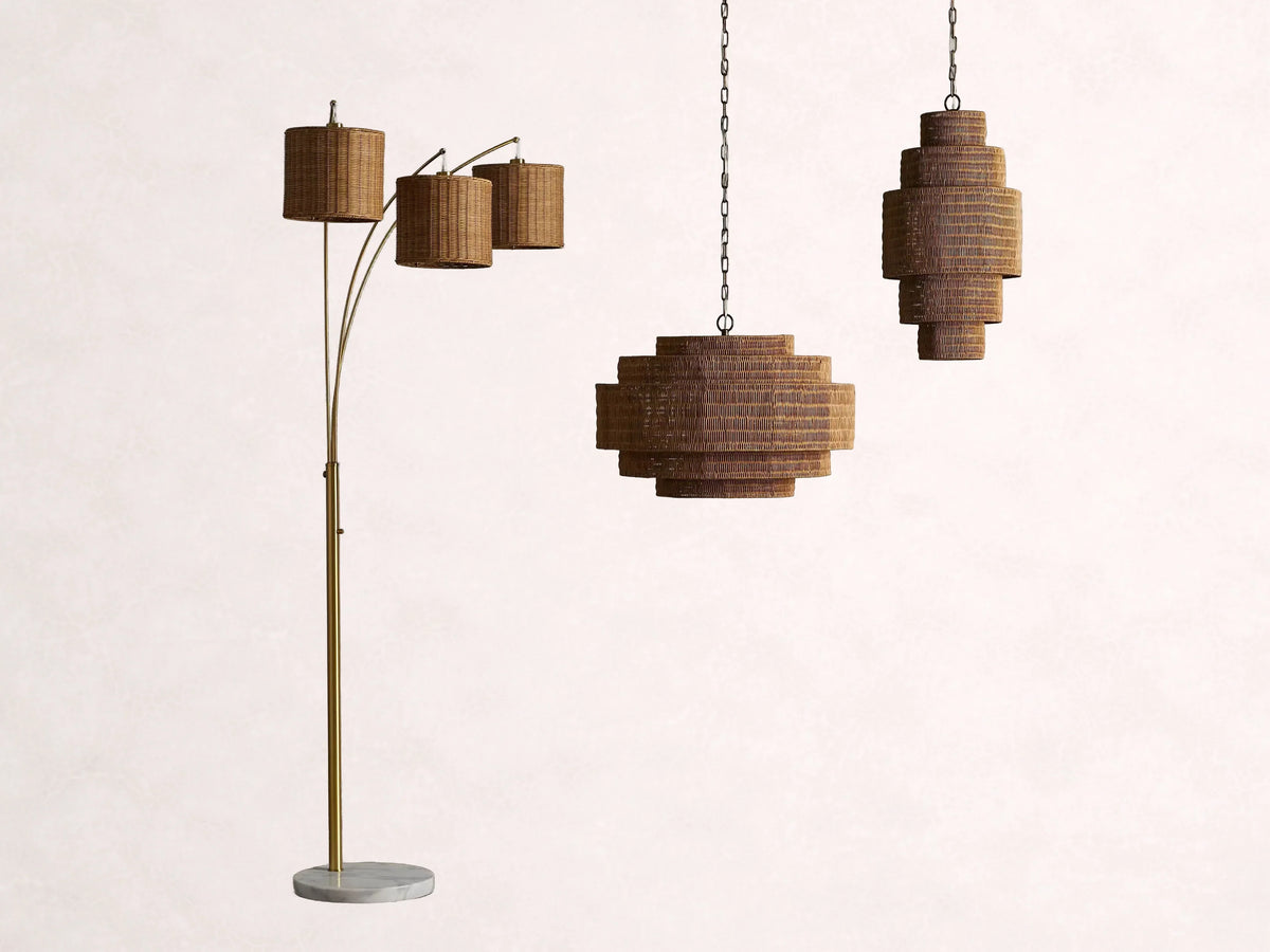 Lustre en rotin tressé, structure en fer à plusieurs niveaux, hauteur réglable, suspension pour éclairage de salle à manger et de salon | Sansoti