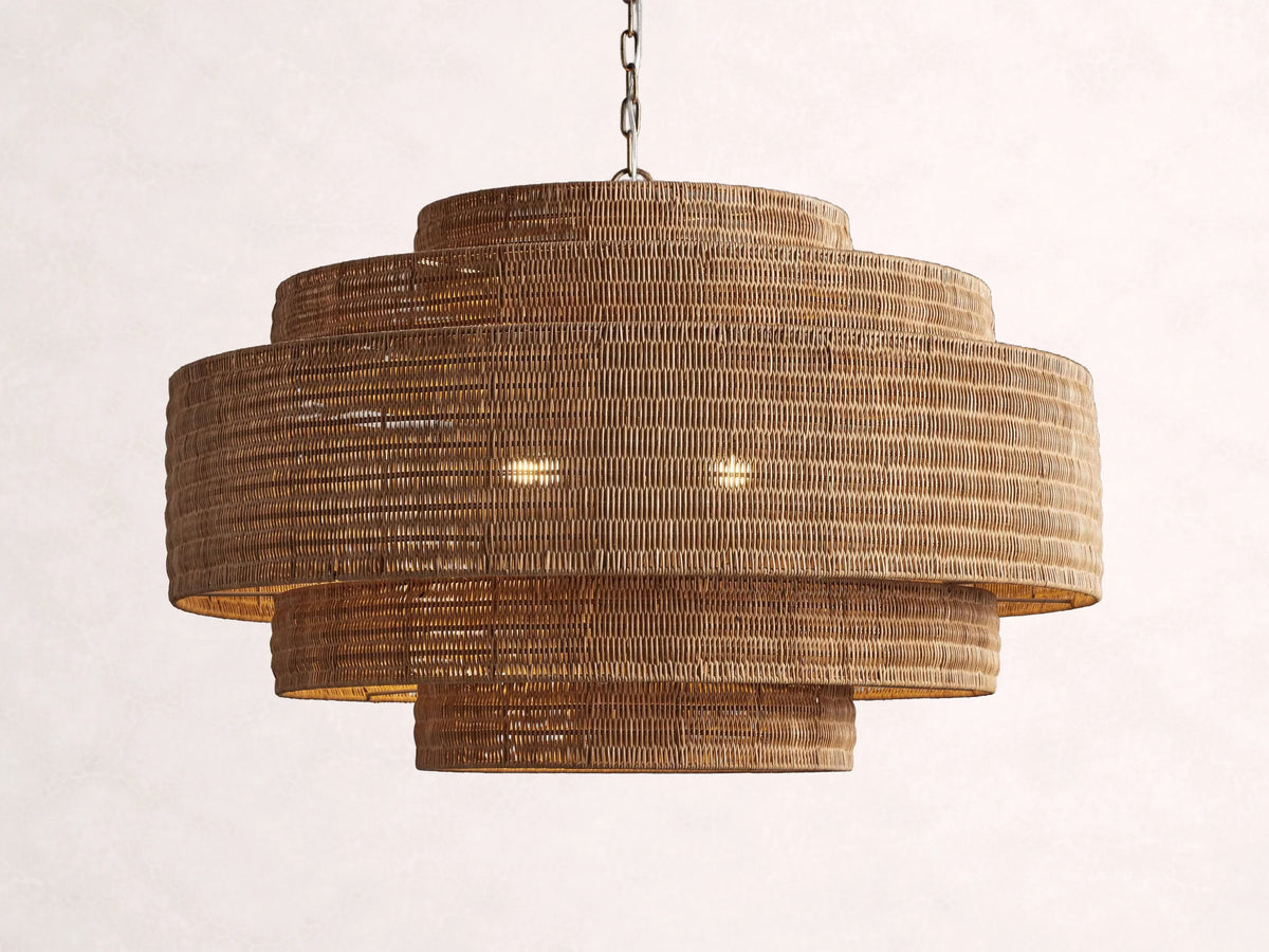 Lustre en rotin tressé, structure en fer à plusieurs niveaux, hauteur réglable, suspension pour éclairage de salle à manger et de salon | Sansoti