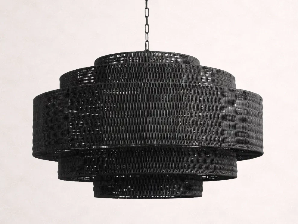 Lustre en rotin tressé, structure en fer à plusieurs niveaux, hauteur réglable, suspension pour éclairage de salle à manger et de salon | Sansoti