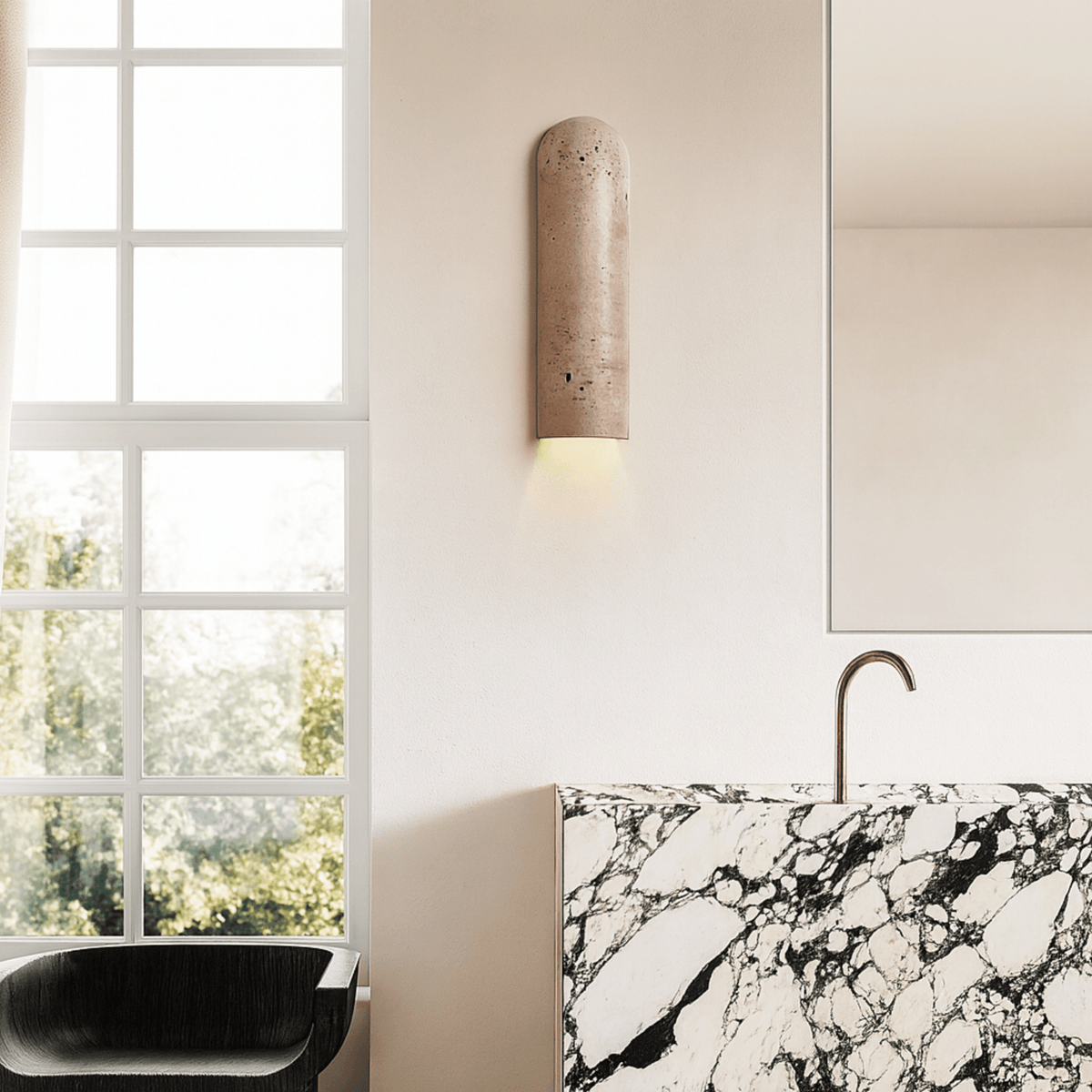 Wandleuchte aus Travertin-Naturstein mit LED G9, Beige, warmes Licht, Schlafzimmer, Flur, Wohnzimmer, Wandbeleuchtung | Sansoti