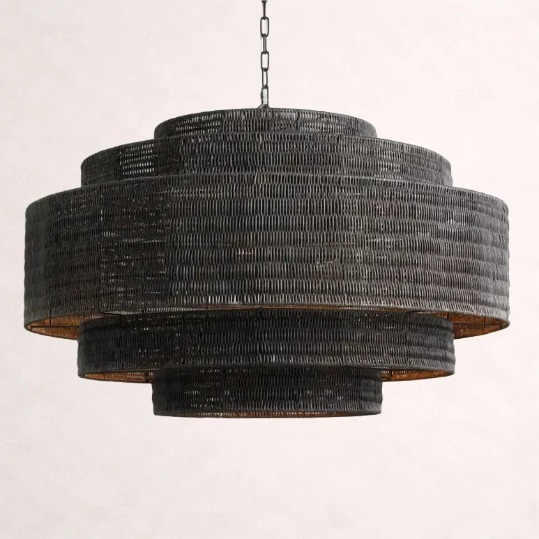 Lustre en rotin tressé, structure en fer à plusieurs niveaux, hauteur réglable, suspension pour éclairage de salle à manger et de salon | Sansoti