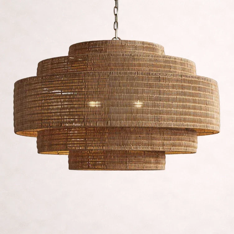 Lustre en rotin tressé, structure en fer à plusieurs niveaux, hauteur réglable, suspension pour éclairage de salle à manger et de salon | Sansoti
