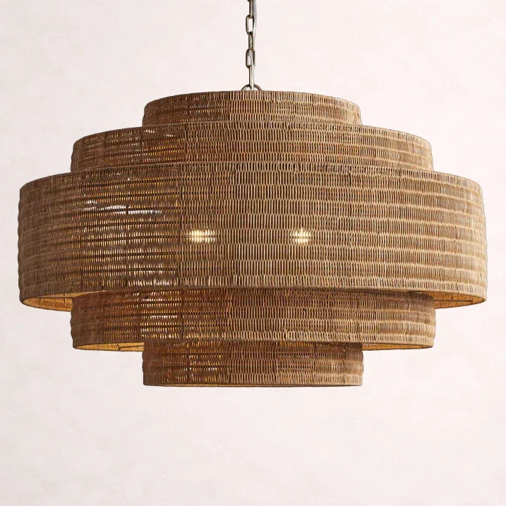 Lustre en rotin tressé, structure en fer à plusieurs niveaux, hauteur réglable, suspension pour éclairage de salle à manger et de salon | Sansoti