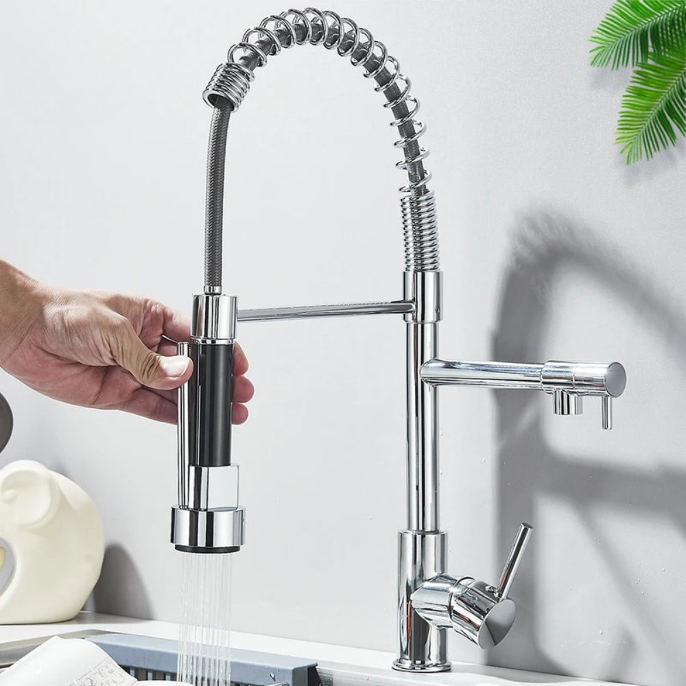 Robinet de cuisine extensible chromé à bec orientable, eau chaude et froide, douchette flexible, mitigeur de cuisine | Sansoti