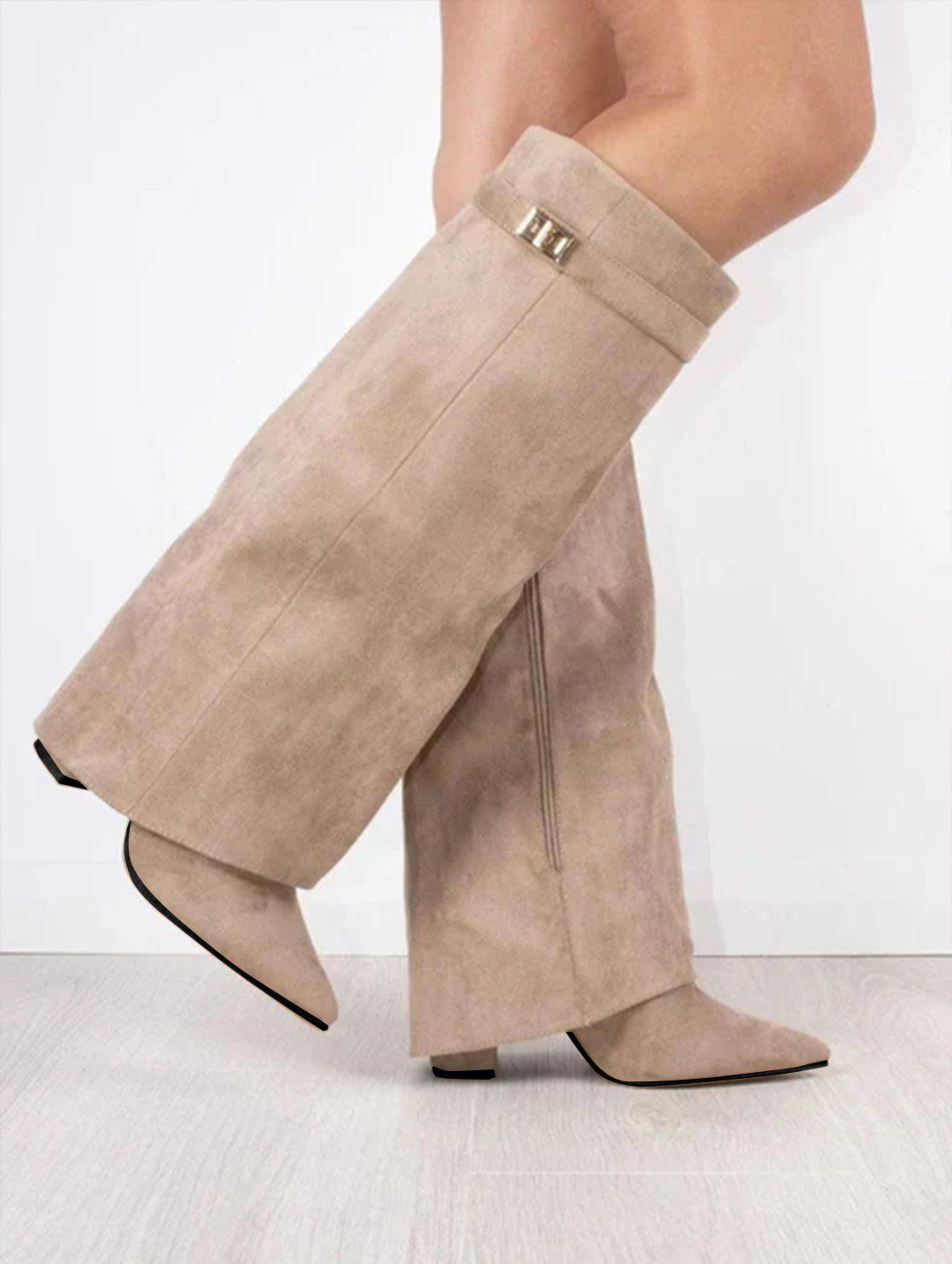 Dames Laarzen met Klapmouw 8,5 cm Blokhak Zacht Gevoerd 42 Zwart Beige Bruin | Sansoti
