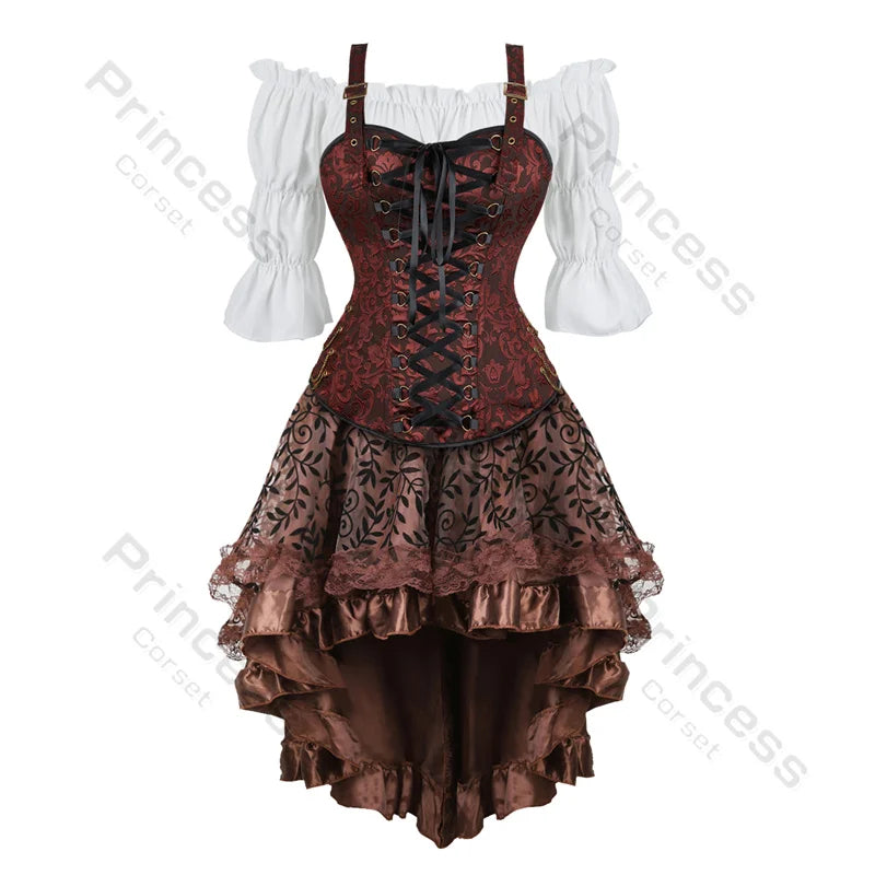 Pirate Corset Costume Set Faux Leather Off-Shoulder Blouse Layered Skirt Steampunk Gothic Halloween Costume | Sansoti