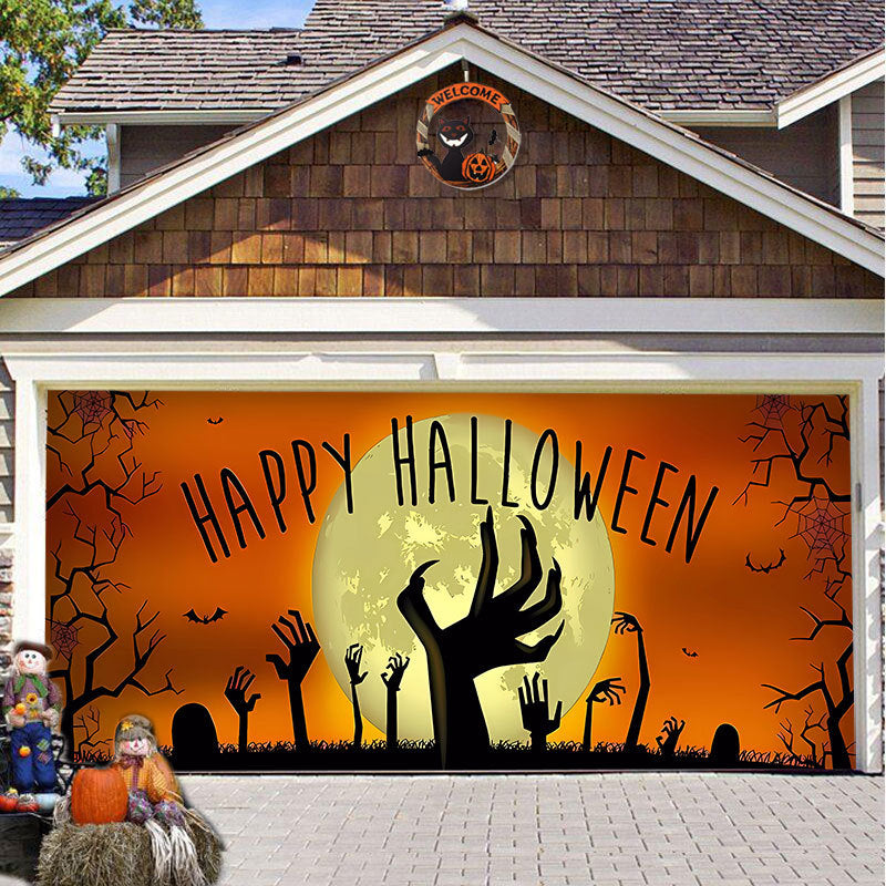 Halloween Garagedeur Decoratie Spookachtige Bedrukking Schaduwdoek Herbruikbaar Horror Sfeer Doek Waterdicht Buiten Feestversiering | Sansoti