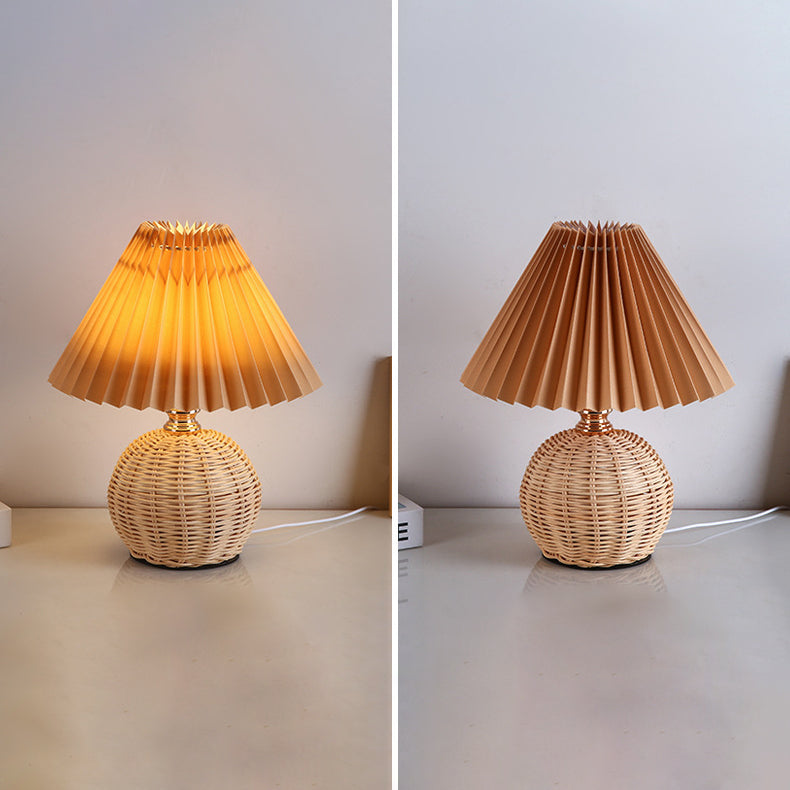 Rattan Tischlampe Plissee Schirm USB 5W Schlafzimmer Nachttisch Skandinavisch Boho Stimmungslicht Rattan Schreibtisch Leselampe | Restfield
