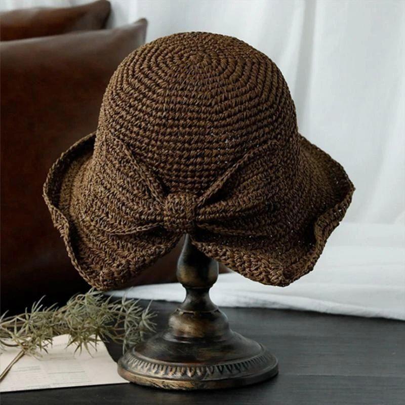 Zomerhoed met Strik en Brede Rand Dames Zonbescherming Strandhoed Ademend Katoen Khaki Beige Bruin Vakantie | Sansoti