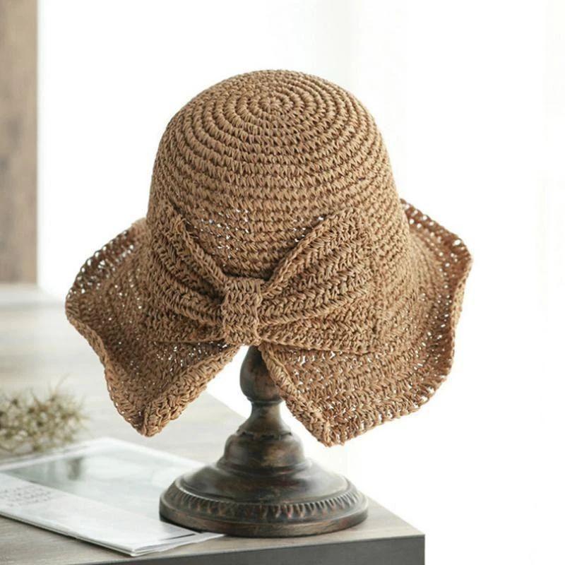 Zomerhoed met Strik en Brede Rand Dames Zonbescherming Strandhoed Ademend Katoen Khaki Beige Bruin Vakantie | Sansoti