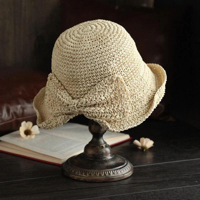 Zomerhoed met Strik en Brede Rand Dames Zonbescherming Strandhoed Ademend Katoen Khaki Beige Bruin Vakantie | Sansoti
