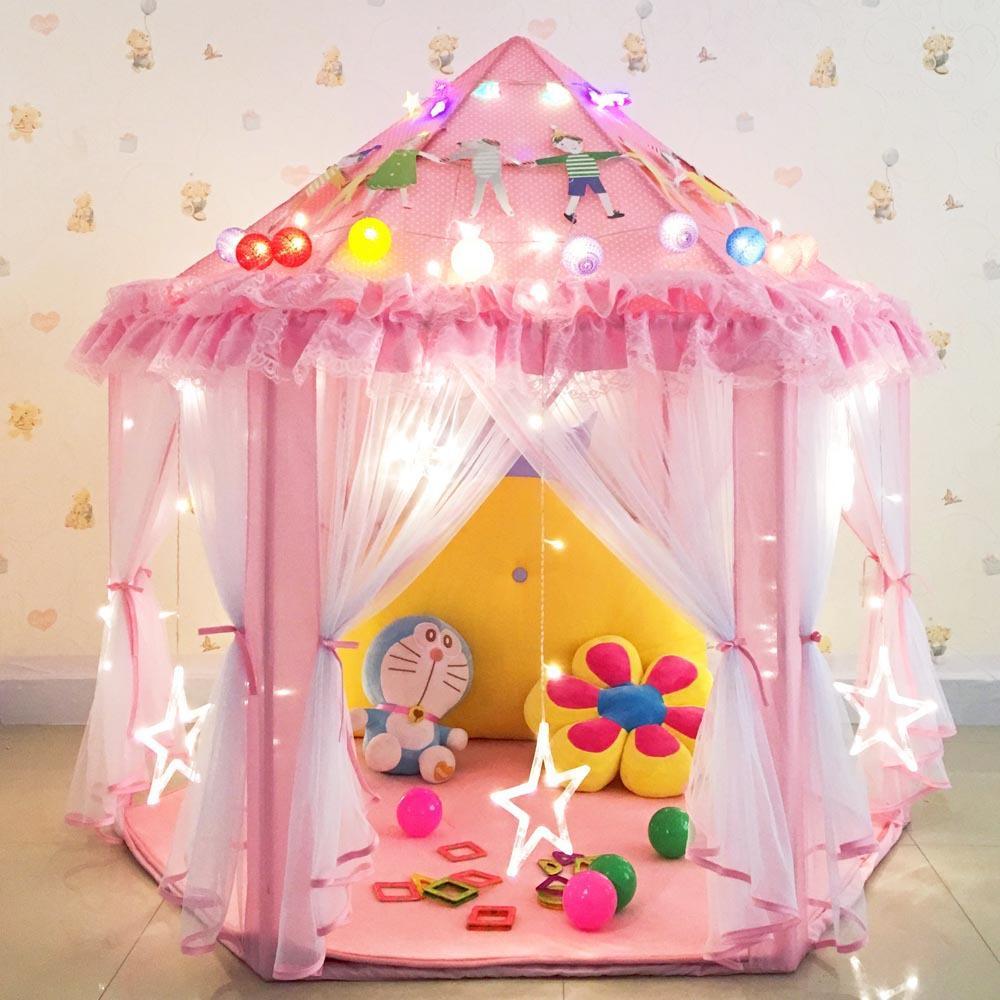 Tente château de princesse hexagonale de 140 cm, rose et bleue, intérieure et extérieure, pliable, pour chambre d’enfant et jeux de rôle | Sansoti
