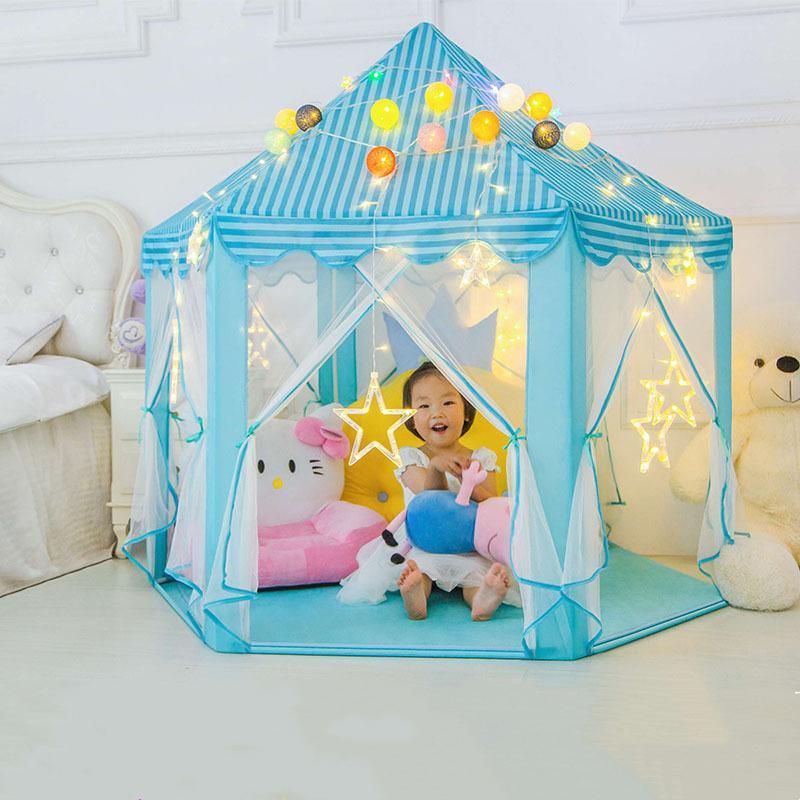 Tente château de princesse hexagonale de 140 cm, rose et bleue, intérieure et extérieure, pliable, pour chambre d’enfant et jeux de rôle | Sansoti