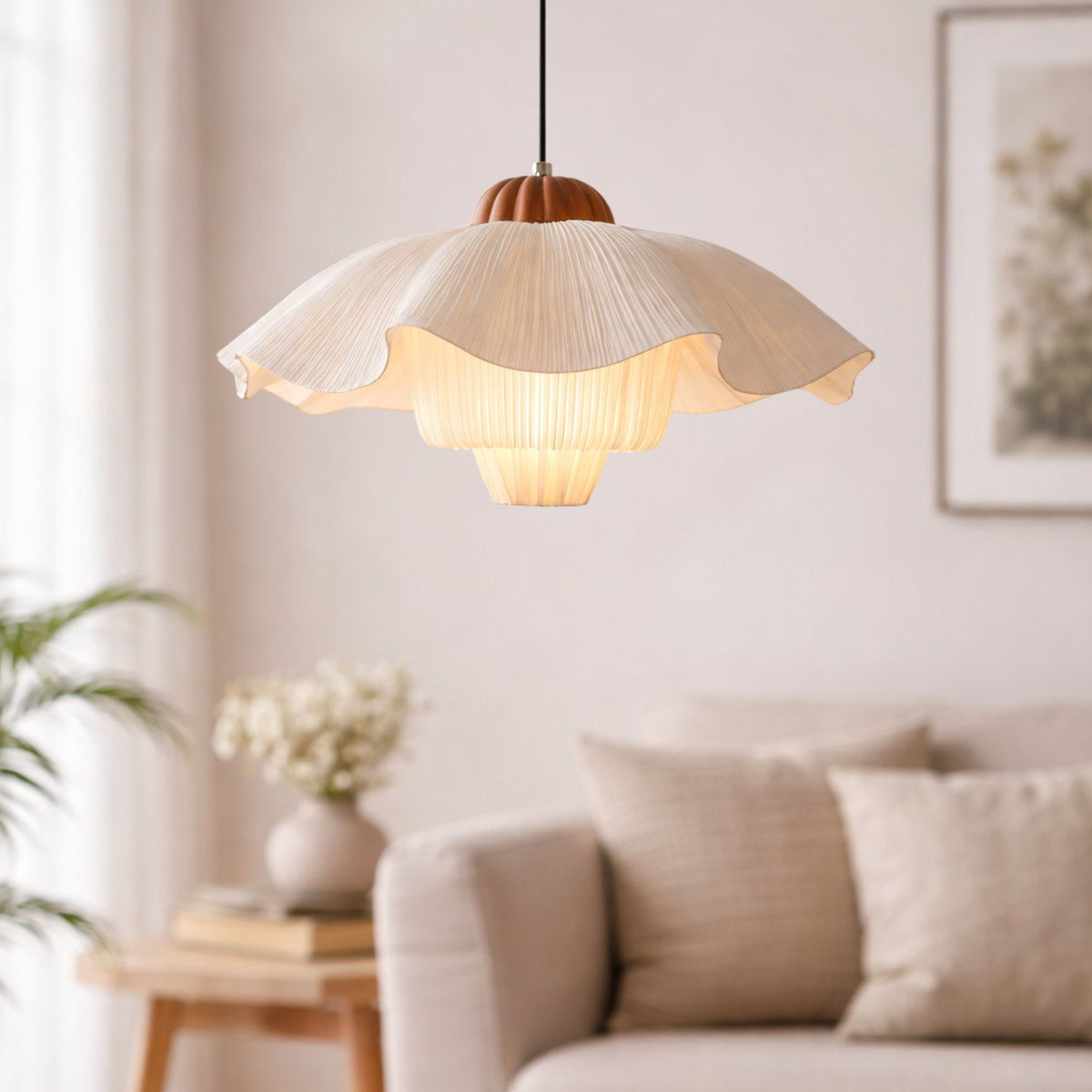 Hanglamp Bloemvorm Crèmewit Textiel Organische Vorm Romantische Verlichting Slaapkamer Eetkamer Woonkamer | Sansoti