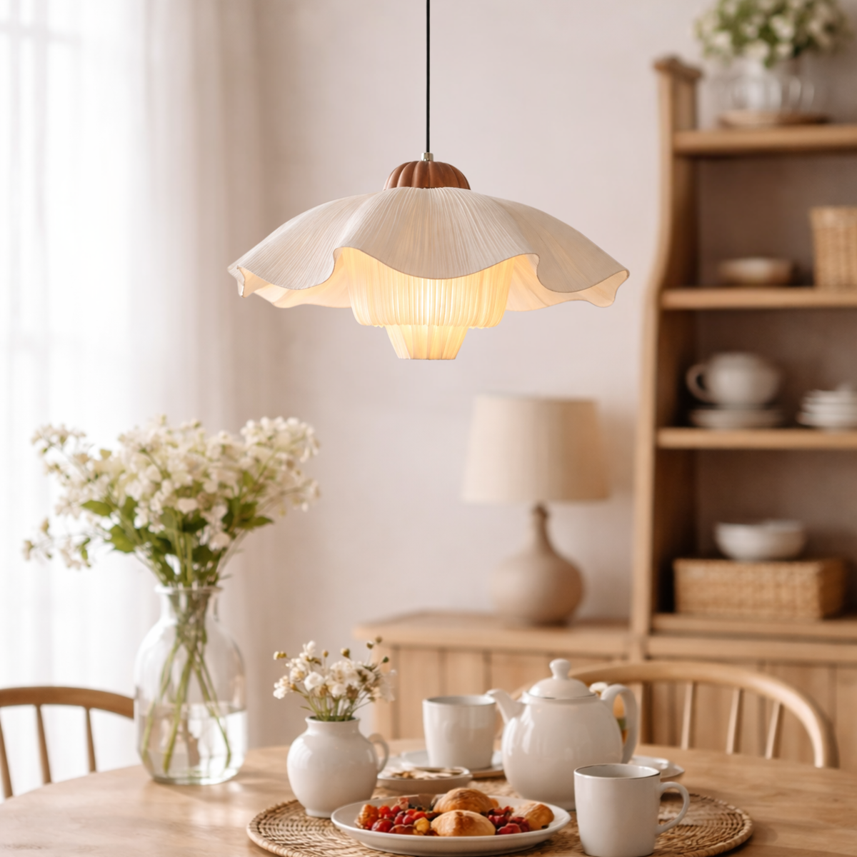 Hanglamp Bloemvorm Crèmewit Textiel Organische Vorm Romantische Verlichting Slaapkamer Eetkamer Woonkamer | Sansoti