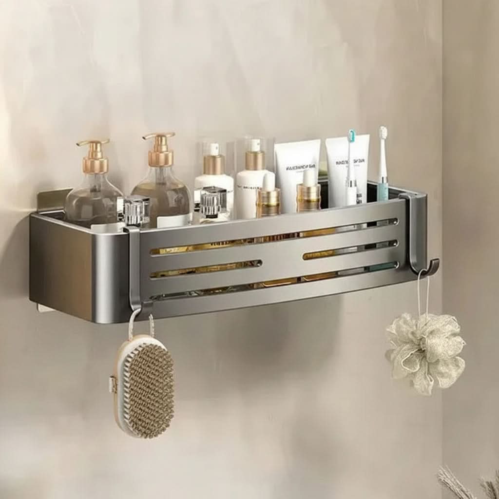 Zelfklevend Aluminium Wandrek Badkamer Organizer Zonder Boren Roestvrij Opbergplank Douche Handdoekhouder | Sansoti