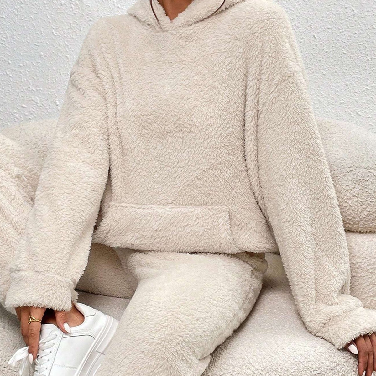 Teddy-Loungewear-Set mit Kapuze für Damen, Grau, Beige, Grün, Winteranzug aus Fleece, zweiteiliger weicher Hausanzug mit Hose | Sansoti