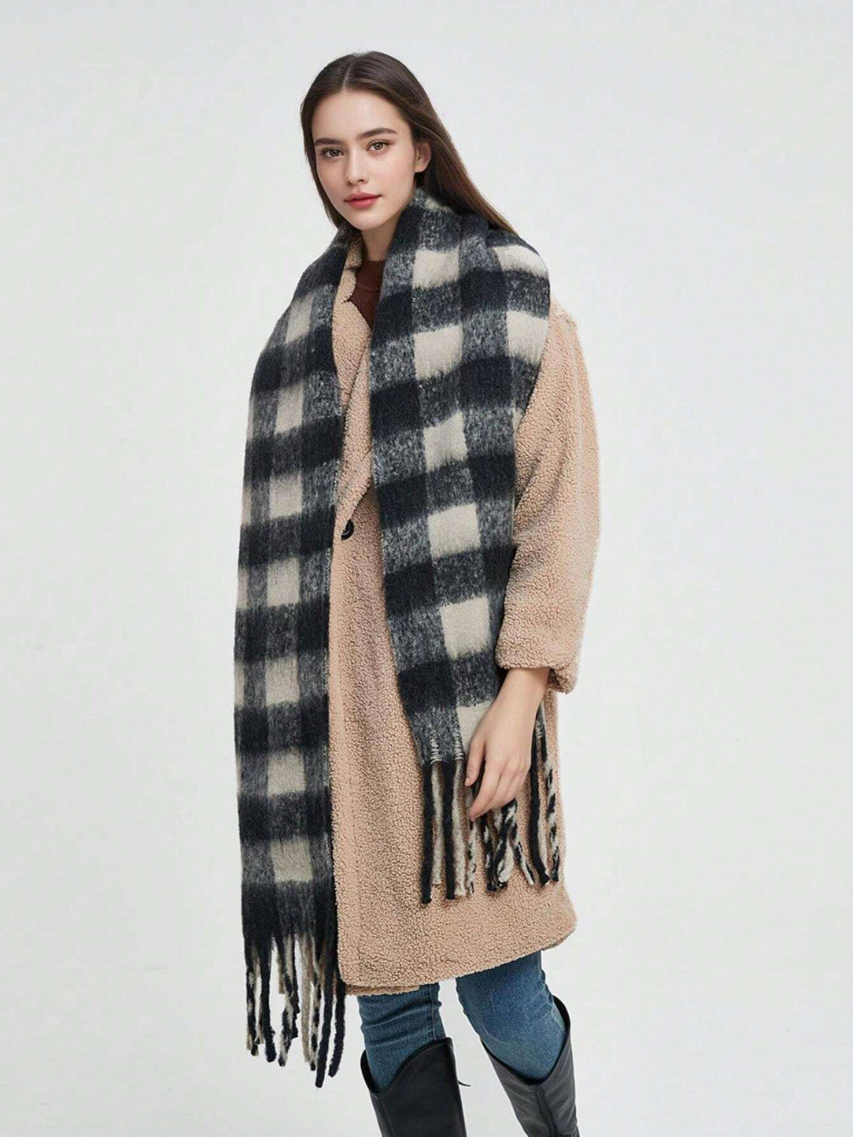 Luxueuze Cashmere Sjaal Geruite Print Winteraccessoire Halsdoek Dames 38x230cm Trendy Warm Elegant Stijlvol | Sansoti