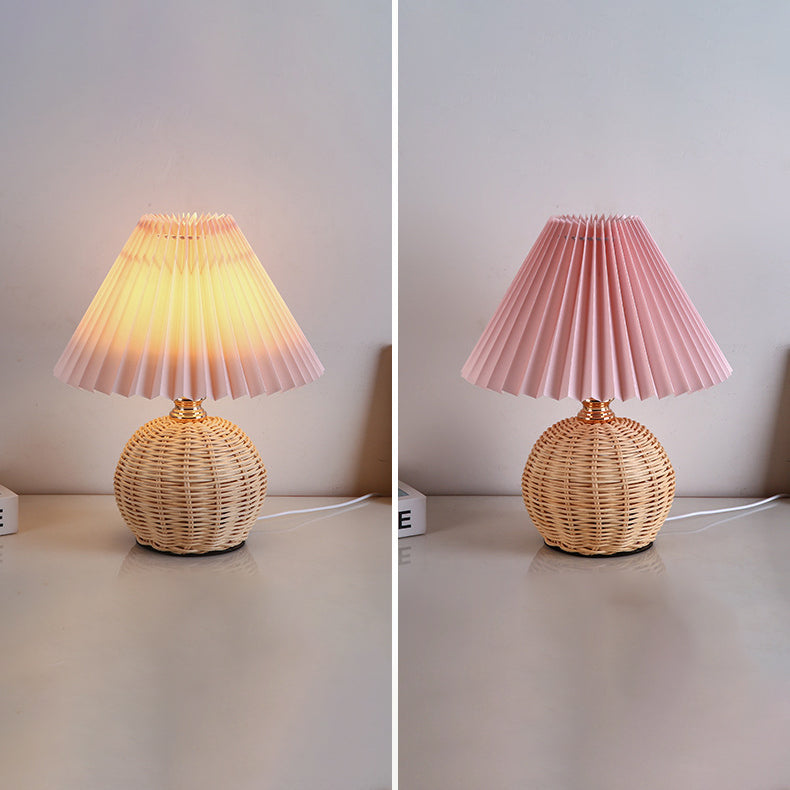 Rattan Tischlampe Plissee Schirm USB 5W Schlafzimmer Nachttisch Skandinavisch Boho Stimmungslicht Rattan Schreibtisch Leselampe | Restfield