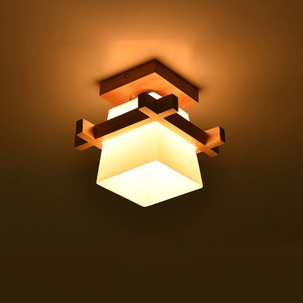 LED Deckenleuchte Holz E27 Weiß Japandi Flur Schlafzimmer Wohnzimmer 20 cm quadratische Deckenleuchte Japanischer Stil | Restfield