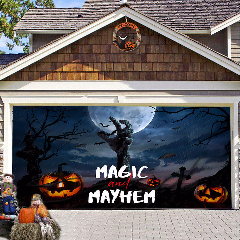 Halloween Garagedeur Decoratie Spookachtige Bedrukking Schaduwdoek Herbruikbaar Horror Sfeer Doek Waterdicht Buiten Feestversiering | Sansoti