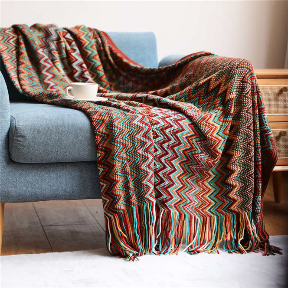 Knitted Throw with Zigzag Fringes – Soft Crochet Blanket for Sofa and Bed, All Seasons, Bohemian Style | Sansoti
