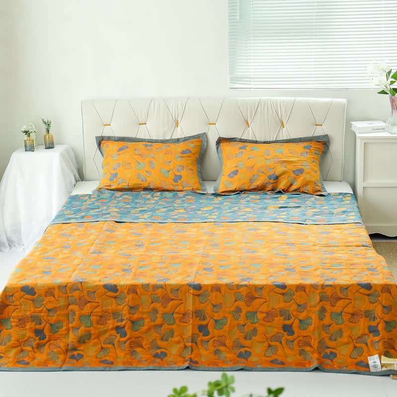 Ginkgo Leaf Baumwollquilt – Wendbare 6-Lagen-Decke aus gekämmter Baumwolle | Restfield