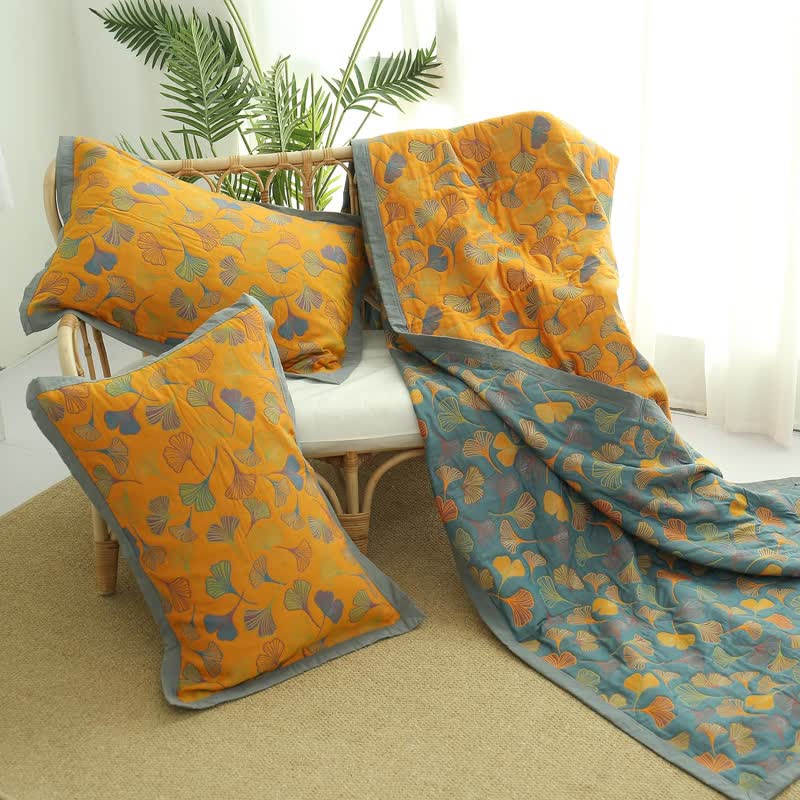Ginkgo Leaf Baumwollquilt – Wendbare 6-Lagen-Decke aus gekämmter Baumwolle | Restfield