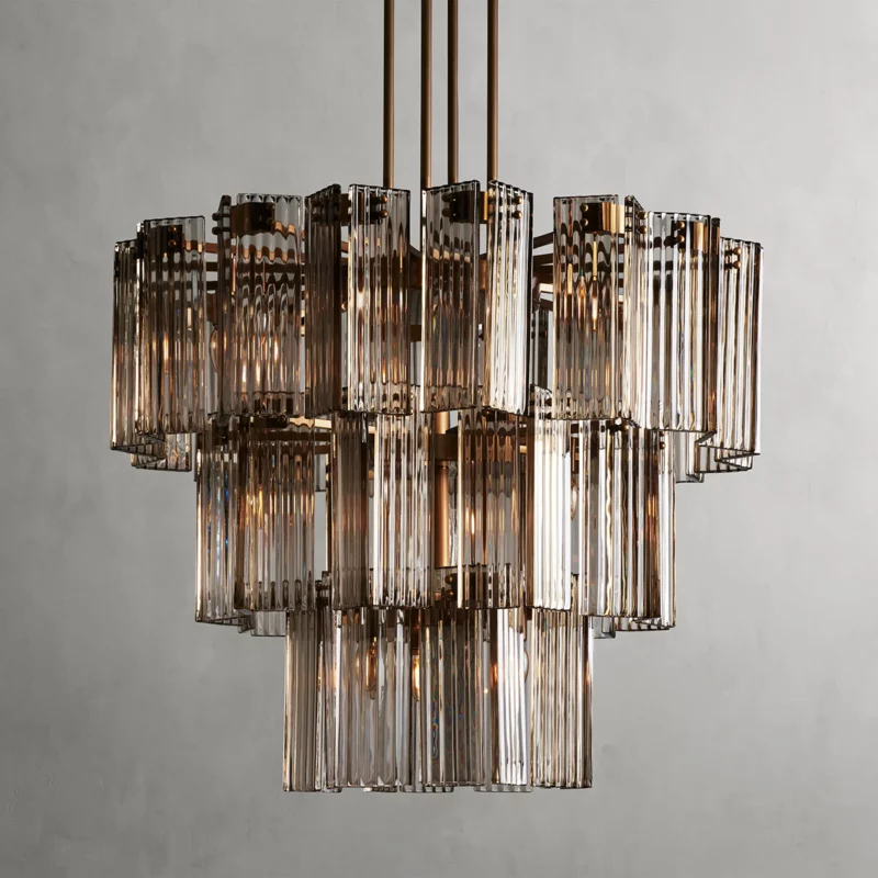 Okrągły żyrandol z ryflowanym szkłem i stalową ramą, 38–60 cm, lampa wisząca z wieloma źródłami światła do jadalni, na klatkę schodową, do sali balowej i salonu | Sansoti