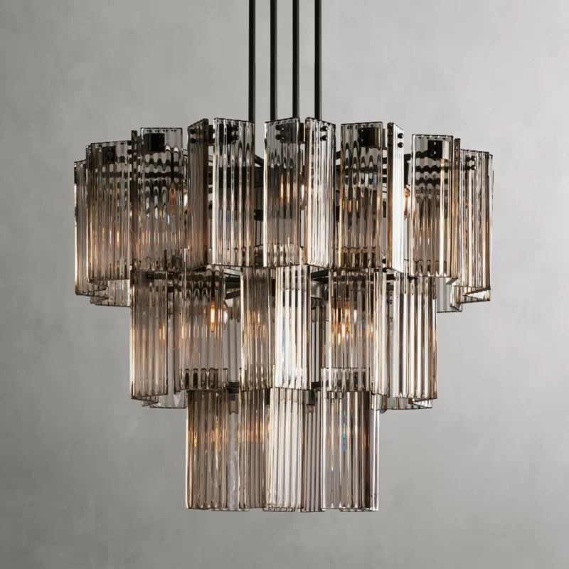 Okrągły żyrandol z ryflowanym szkłem i stalową ramą, 38–60 cm, lampa wisząca z wieloma źródłami światła do jadalni, na klatkę schodową, do sali balowej i salonu | Sansoti
