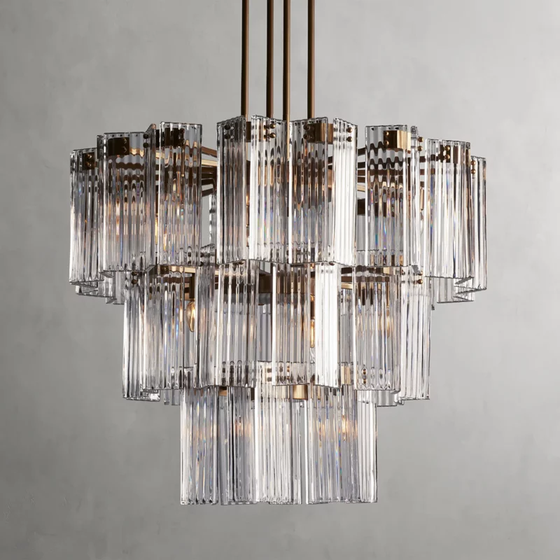 Okrągły żyrandol z ryflowanym szkłem i stalową ramą, 38–60 cm, lampa wisząca z wieloma źródłami światła do jadalni, na klatkę schodową, do sali balowej i salonu | Sansoti