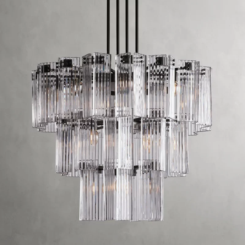 Okrągły żyrandol z ryflowanym szkłem i stalową ramą, 38–60 cm, lampa wisząca z wieloma źródłami światła do jadalni, na klatkę schodową, do sali balowej i salonu | Sansoti