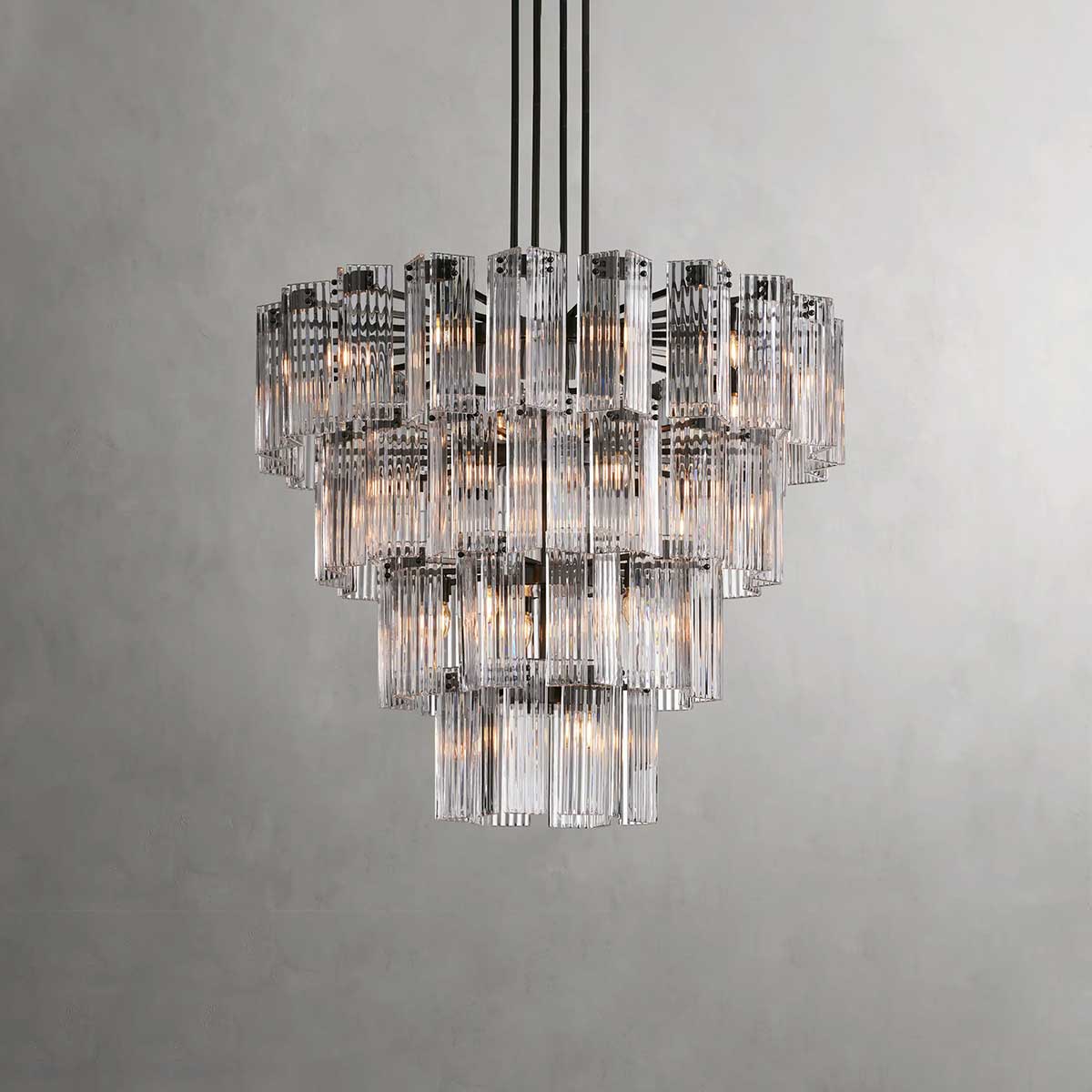 Okrągły żyrandol z ryflowanym szkłem i stalową ramą, 38–60 cm, lampa wisząca z wieloma źródłami światła do jadalni, na klatkę schodową, do sali balowej i salonu | Sansoti